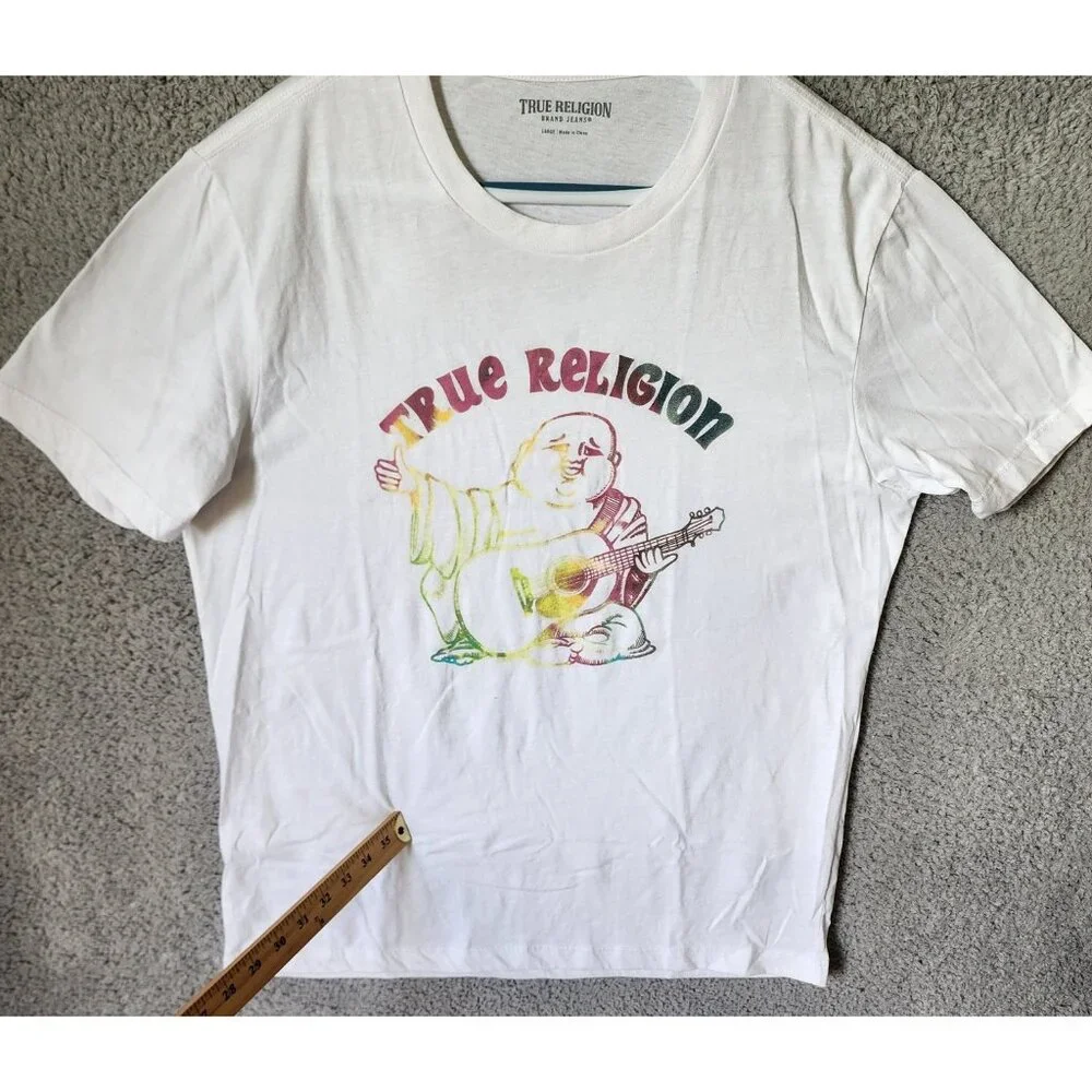 True Religion‎ White Tie Dye Print Rainbow Buddha Logo Tee T Shirt Size Large